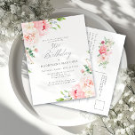Feminine Pink Floral 50. Geburtstag Überraschung P Einladungspostkarte<br><div class="desc">Eine wunderschöne und weibliche Überraschungsfeier zum 50. Geburtstag im eleganten Stil. Dieses Blumendesign grenzt an einen Rahmen aus zauberhaften rosafarbenen Pfannkuchen und Grünpflanzen.</div>