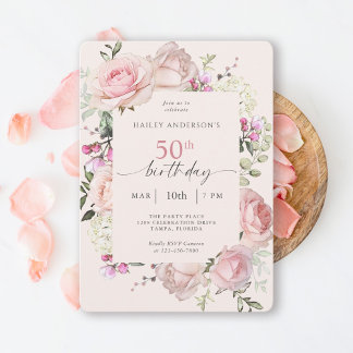 Feminine Pink Floral 50. Geburtstagsparty Einladung