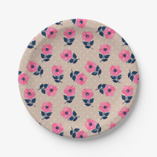 Feminine Pink Floral Beige Polka Dots Design Pappteller