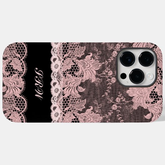 Feminine Pink Lace Edging on Black mit Initialen Case-Mate iPhone Hülle (Rückseite (Horizontal))