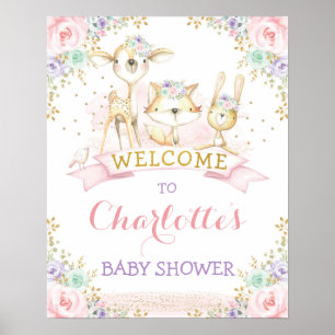 Feminine Pink Lila Mint Woodland Tiere Willkommen Poster