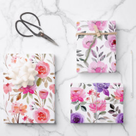 Feminine Pink Lilac und Lila Aquarellblume Geschenkpapier Set