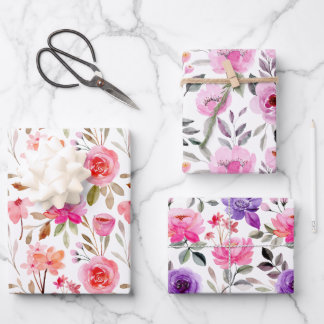 Feminine Pink Lilac und Lila Aquarellblume Geschenkpapier Set