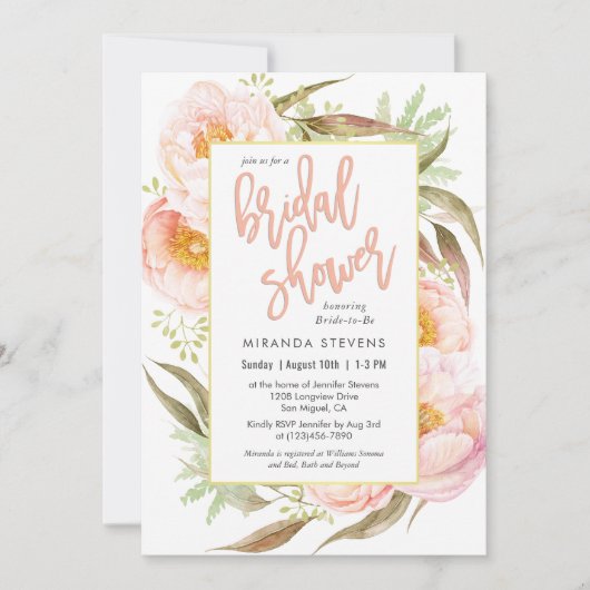 Feminine Pink Peonies Brautparty Einladung (Vorderseite)