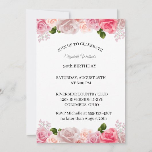 Feminine Pink Roses 90. Geburtstagsparty Einladung (Vorderseite)