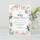 Feminine Pink Roses 90. Geburtstagsparty Einladung (Stehend Vorderseite)