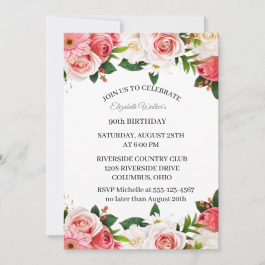 Feminine Pink Roses 90. Geburtstagsparty Einladung (Vorderseite)
