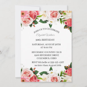 Feminine Pink Roses 90. Geburtstagsparty Einladung