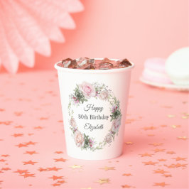 Feminine Pink Roses Floral 80. Geburtstag mit Name Pappbecher
