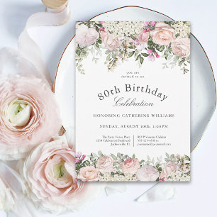 Feminine Pink Roses Floral 80. Geburtstagsparty Einladung