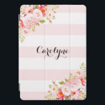 Feminine Pink Stripes Peonies Custom iPad Cover<br><div class="desc">Femininer und eleganter iPad Pro-Cover mit Illustrationen von rosafarbenen Pfannkuchen,  Blume und Blattwerk. Dieses rosa botanische iPad Pro Cover ist als personalisiertes Geschenk perfekt geeignet.</div>