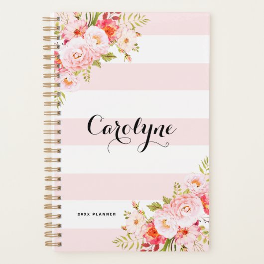 Feminine Pink Stripes Personalisierter Planer (Vorderseite)