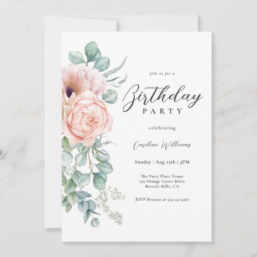 Feminine Pink und Beige Blumengeburt Party Einladung (Vorderseite)