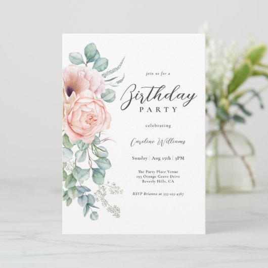 Feminine Pink und Beige Blumengeburt Party Einladung (Stehend Vorderseite)