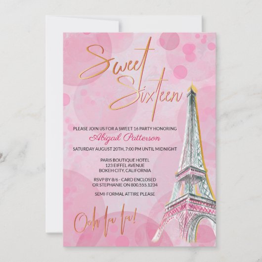 Feminine Pink und Gold Eiffelturm Paris Sweet 16 Einladung (Vorderseite)