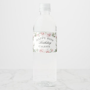 Feminine Pinke Wasserfarbe-Floral-80. Geburtstag Wasserflaschenetikett