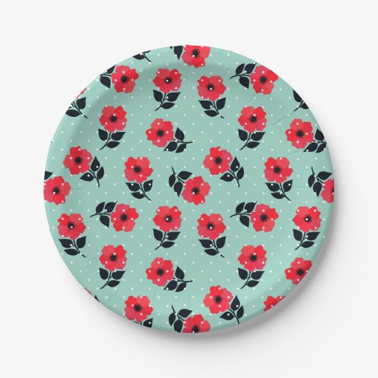 Feminine Red Floral Mint Polka Dots Design Pappteller (Vorderseite)