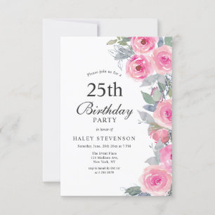 Feminine Rosa Aquarell Blumen Chic 25. Geburtstag Einladung