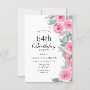 Feminine Rosa Aquarell Blumen Chic 64. Geburtstag Einladung
