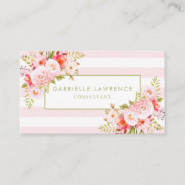 Feminine rosa Streifen und Peonies Business Card Visitenkarte