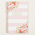 Feminine rosa Streifen und Peonys Custom Planner Planer<br><div class="desc">Feminine und elegante Planer Illustrationen von rosafarbenen Pfannkuchen,  Blume und Blattwerk. Dieser rosa botanische Planer ist ein personalisiertes Geschenk.</div>