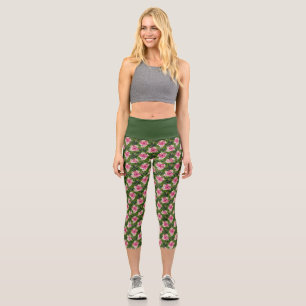 Feminine Rosa und grüne Blütenblätter Capri Leggings