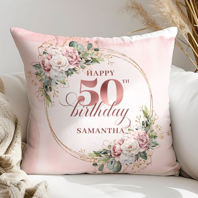 Feminine Rose Gold Blush Floral 50th Birthday Gift Kissen (Feminine Rose Gold Blush Floral 50th Birthday Gift Pillow)