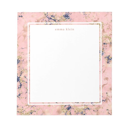 Feminine Rose Gold Blush Pink Blauer Marmorname Notizblock (Vorderseite)