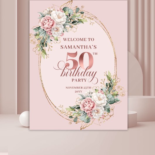 Feminine Rose Gold Floral 50th Birthday Party Deco Wandteppich