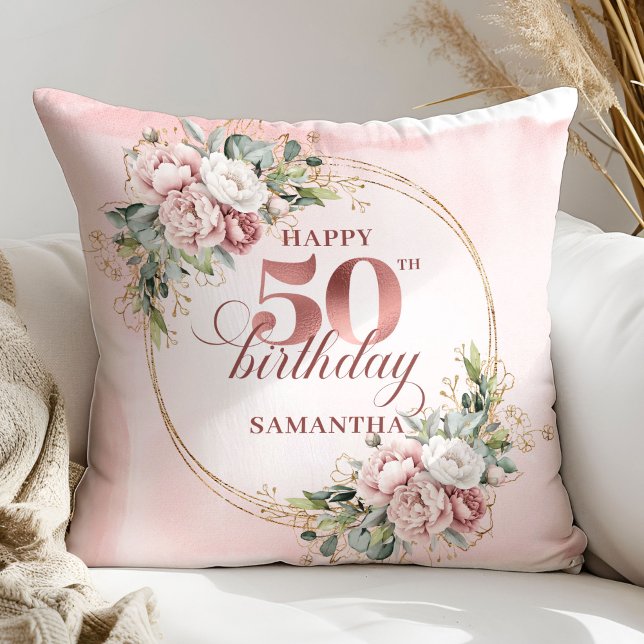 Feminine Rose Gold Floral 50th Birthday Pillow Gif Kissen (Feminine Rose Gold Floral 50th Birthday Pillow Gift)
