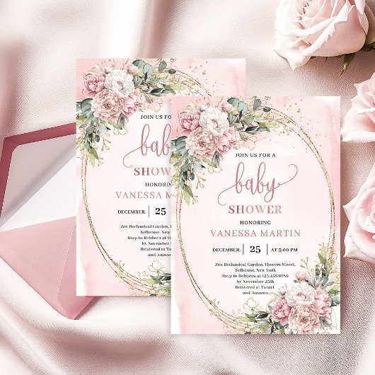 Feminine Rose Gold Floral Eucalyptus Baby Shower  Einladung