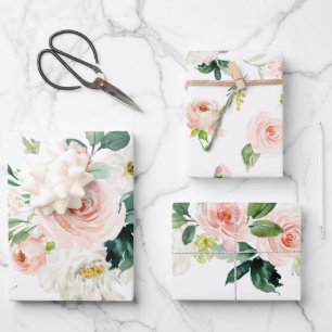 Feminine Rosé und Weiße Wasserfarben Blumen Geschenkpapier Set