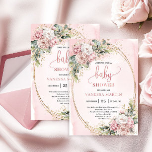 Feminine Roségold-Blumen-Eukalyptus-Baby-Party Einladung