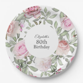 Feminine Summer Rose Garden Floral 80th Birthday Pappteller