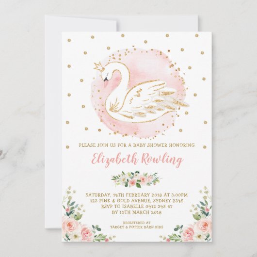 Feminine Swan Princess Pink Gold Baby Dusche Einladung (Vorderseite)