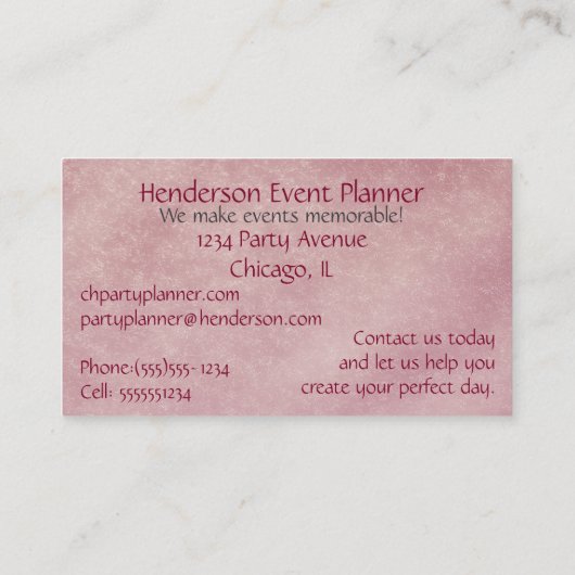 Feminine und elegante Party-Planner für Veranstalt Visitenkarte (Rückseite)