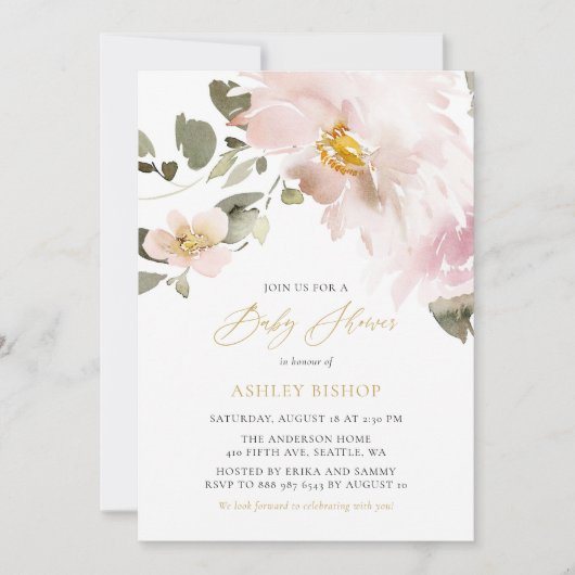 Feminine Wasserfarbe Blume Girl Babydusche Einladung (Vorderseite)