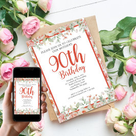 Feminine Watercolor Floral 90. Geburtstagsparty Einladung
