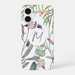 Feminine weiße Hintergrund-Blumen Initialen modern iPhone 16 Hülle