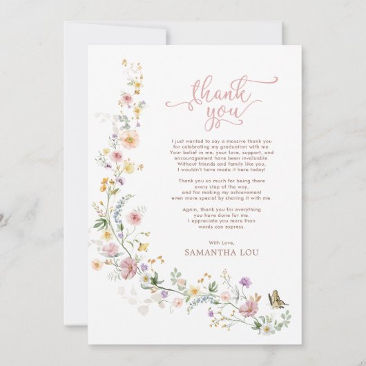 Feminine Wildblume Meadow Abschluss Foto Dankeskarte (Rückseite)