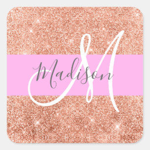 Femininer Glamour Rosa Pfirsich Gold Glitter Monog Quadratischer Aufkleber