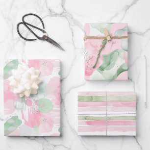 Femininer Mint-Pink abstrakter Streifen Geburtstag Geschenkpapier Set