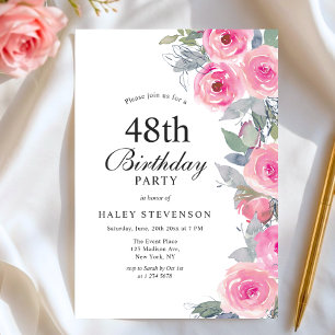 Femininer Rosa-Aquarell-Blumen-Chic 48. Geburtstag Einladung