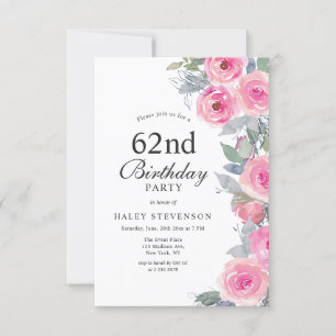 Femininer Rosa Aquarell-Blumen Chic 62. Geburtstag Einladung