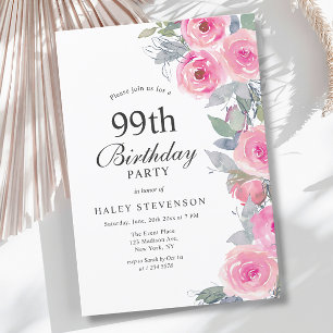 Femininer Rosa Aquarell-Blumen Chic 99. Geburtstag Einladung