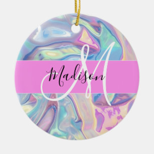 Femininer rosa holografischer irisierender Monogra Keramik Ornament