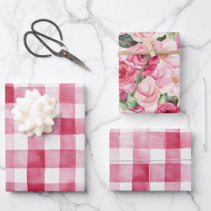 Femininer Rosa Weiß Karierter Streifen Junggeselli Geschenkpapier Set