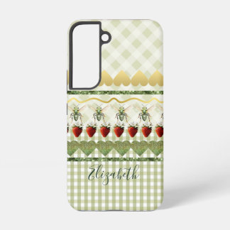 Feminines grünes Karo- und Gingham-Bienen-Herzen-N Samsung Galaxy Hülle