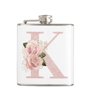 Feminines Monogramm K aus rosa Gold Glitter Blumen Flachmann