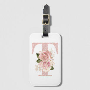 Feminines Monogramm T aus rosa Gold Glitter mit fl Gepäckanhänger